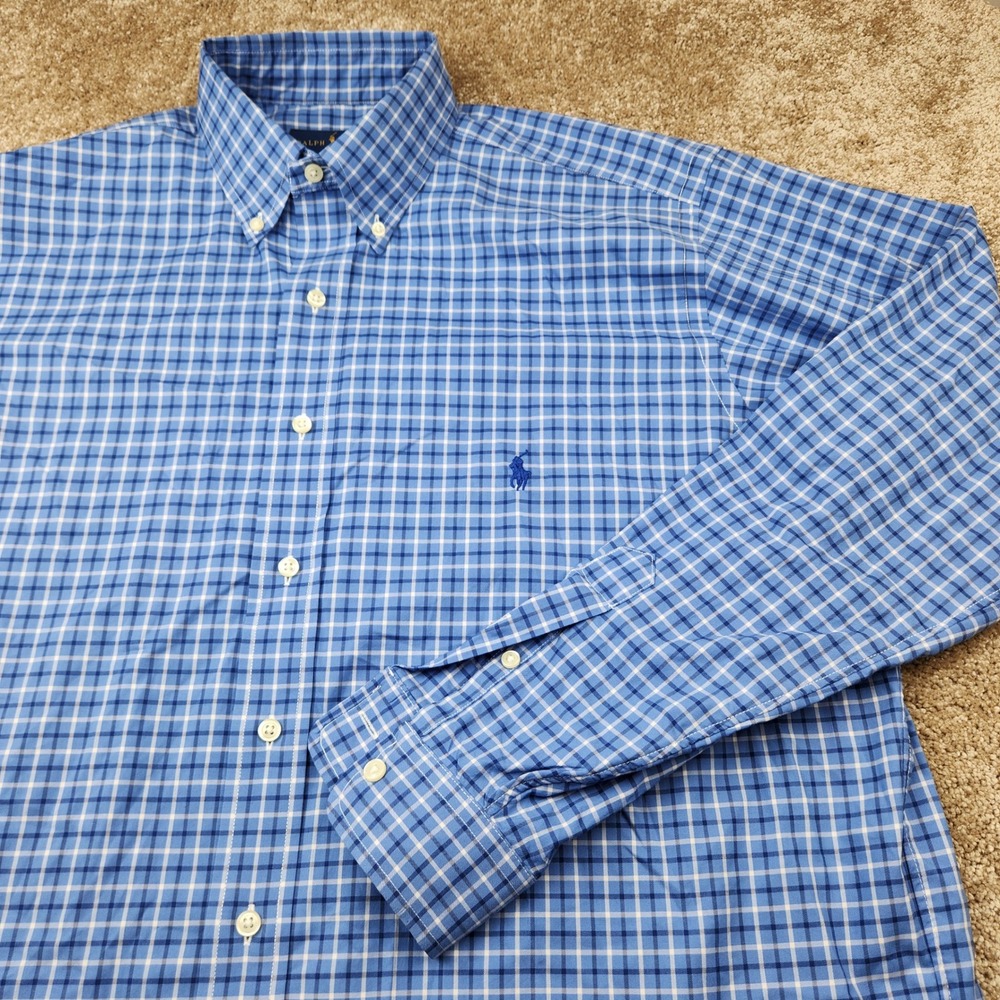 Ralph Lauren Performance Men LT Large Tall Blue Plaid Button Down Shirt Long Slv